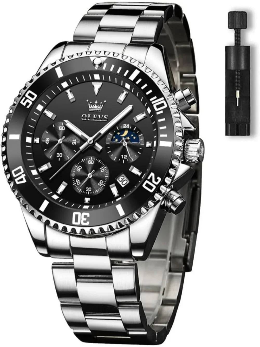 Men's Black Silver Premium Stainless Analog Rotatable Bezel Date Steel Watch